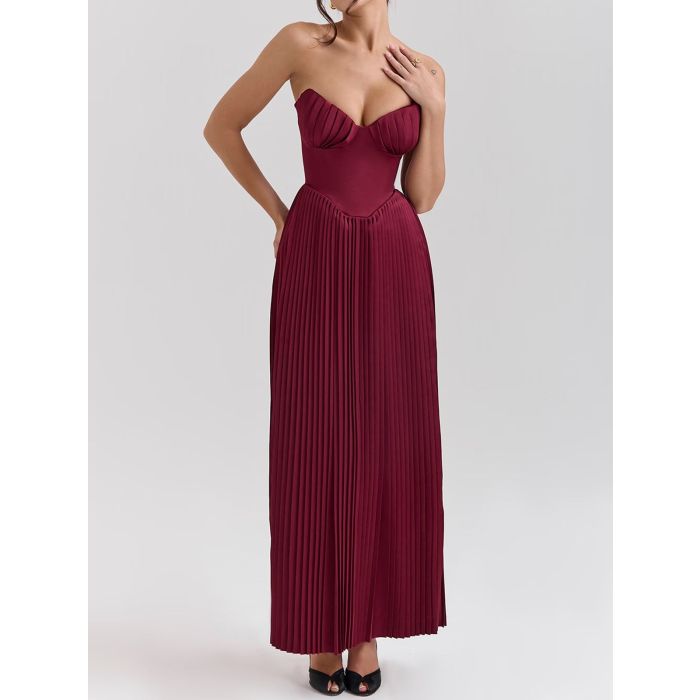 Elegant Bustier Strapless Fit Flare Drop Waist Resort Pleated Midi…