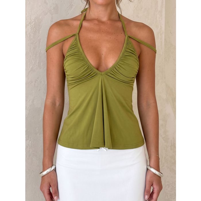 Breezy Ruched Plunge Halter Cross Back Resort Crop Tank Top