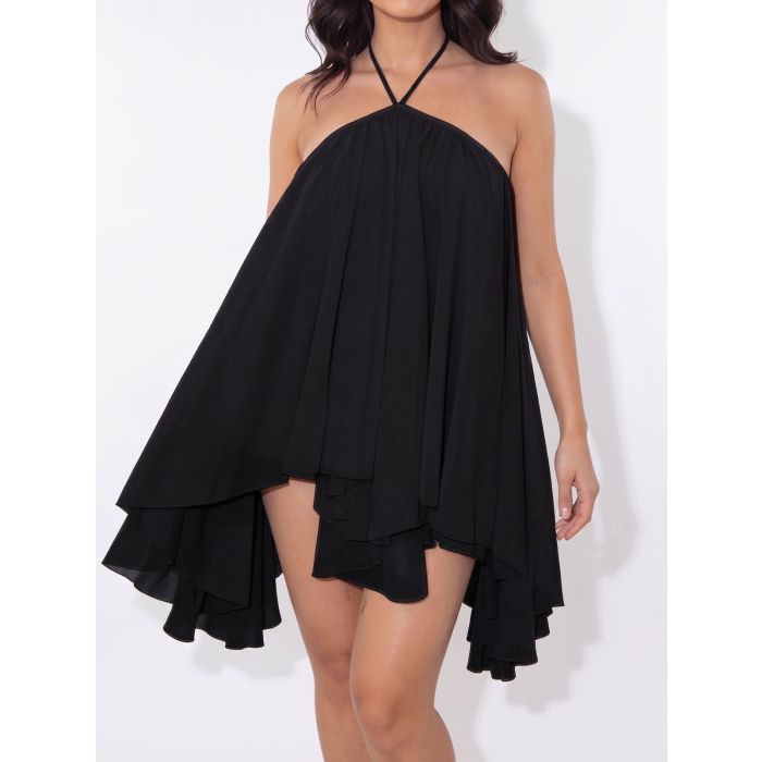 Flowy Halter Tie Open Back Resort a Line Layered Chiffon Mini Dress