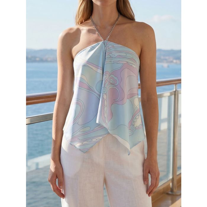 Geometric Resort Sparkly Satin Chain Link Scarf Halter Top