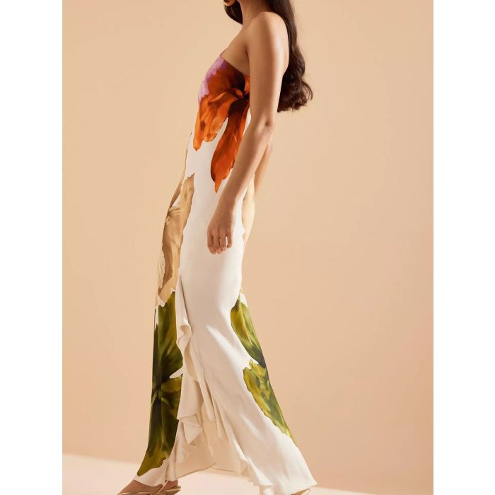 Flowy Floral Ruffle Sparkly Satin Resort One Shoulder Maxi Dress