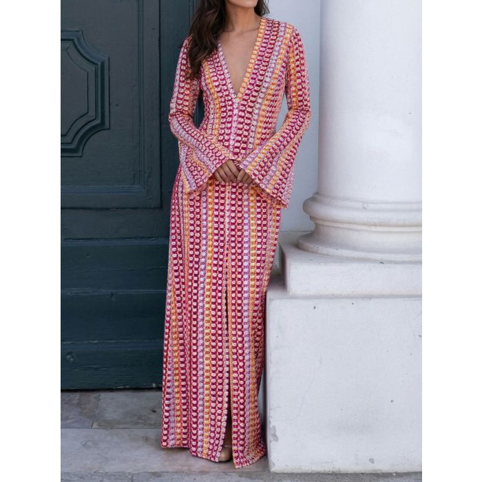 Resort Scalloped V-Neck Bell Sleeve Crochet Knit Maxi Dress