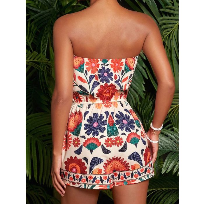 Tropical Floral Ruched Resort Strapless Romper