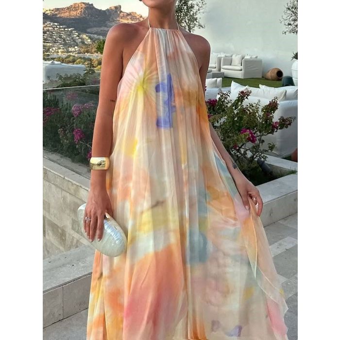 Flattering Backless Halter Tie a Line Resort Chiffon Floral Maxi Dr…