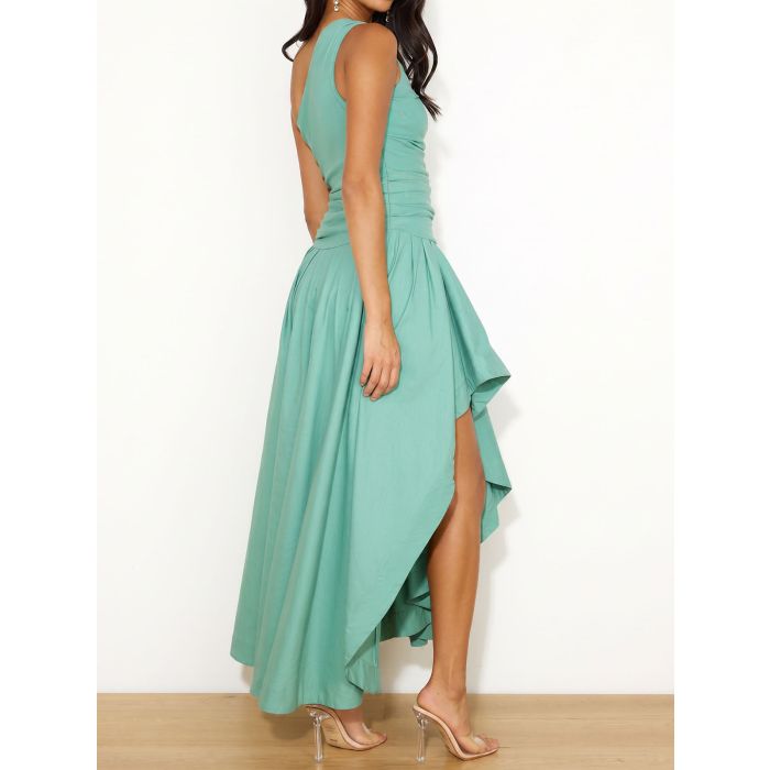 Asymmetric One Shoulder Cutout Fit and Flare Resort Ruched Midi Dre…