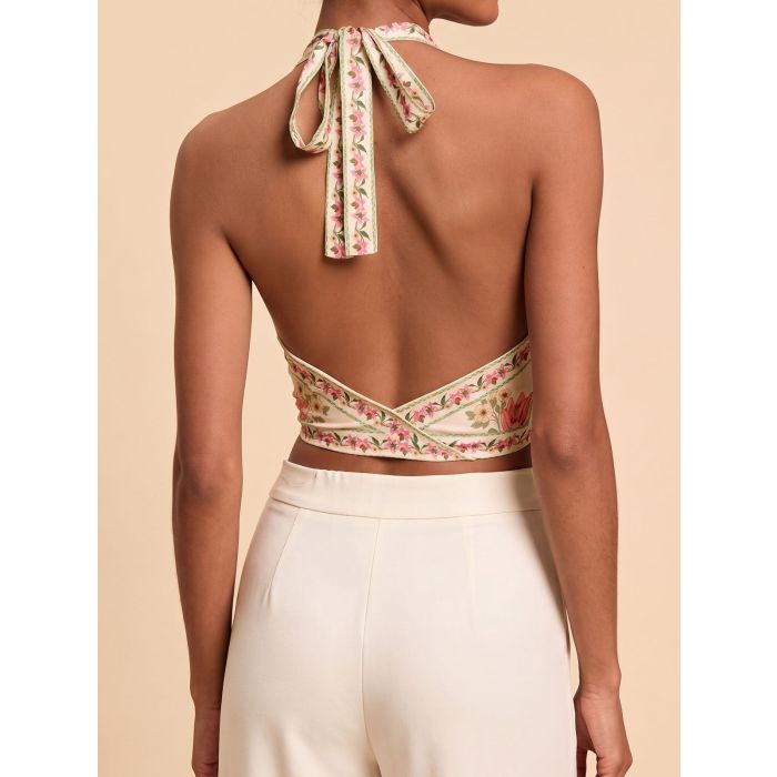 Relaxed Floral Tie Front Plunge Halter Resort Open Back Crop Top