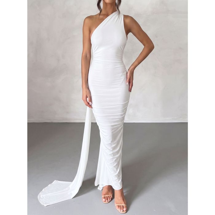 Flattering Backless Draped O Ring One Shoulder Ruched Fishtail Maxi…