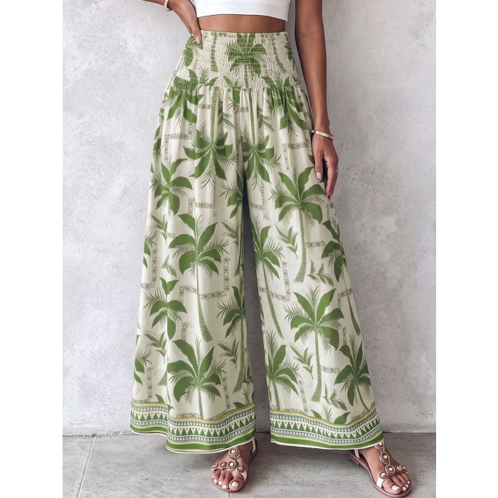 Relaxed Smocked High Waist Tropical Wide Leg Resort Palazzo Pants