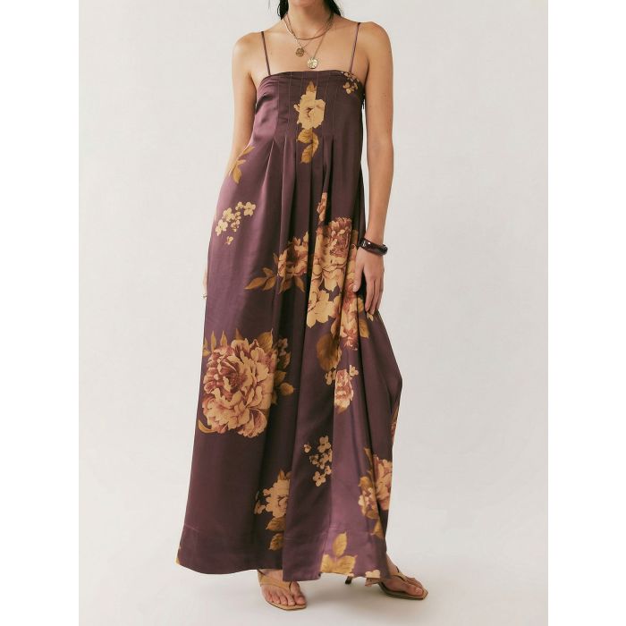 Tropical Floral Square Neck a Line Resort Pintuck Maxi Dress