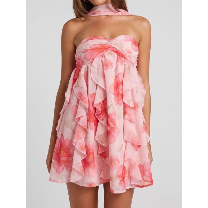 Flowy Ruffle Halter Sweetheart Resort Chiffon Floral Babydoll Mini…