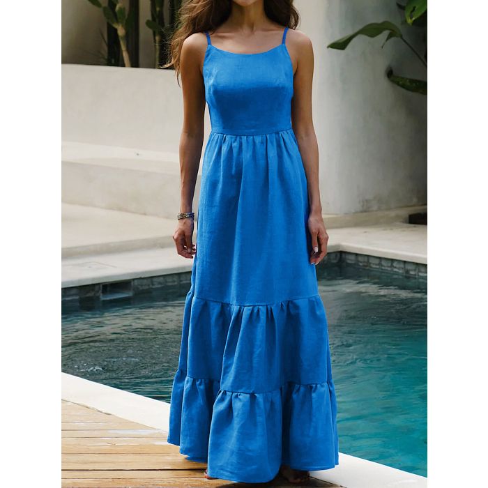 Flattering Tie Back Cotton Blend Resort Ruffle Tiered Maxi Sundress