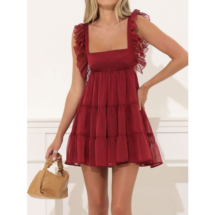 Playful Ruffled Square Neck Tie Back Resort Tiered Babydoll Mini Dr…
