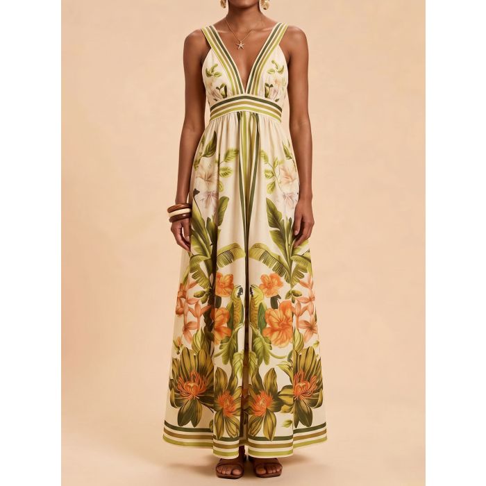 Tropical V-Neck Sleeveless High Waist Resort Striped Floral Maxi Dr…