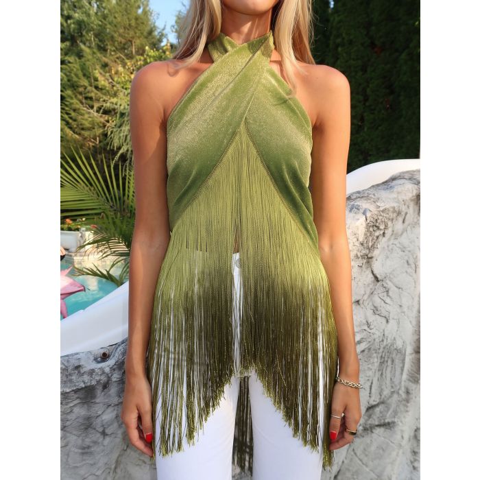 Sparkly Lurex Wrap Front Halter Tie Resort Asymmetrical Fringe Top