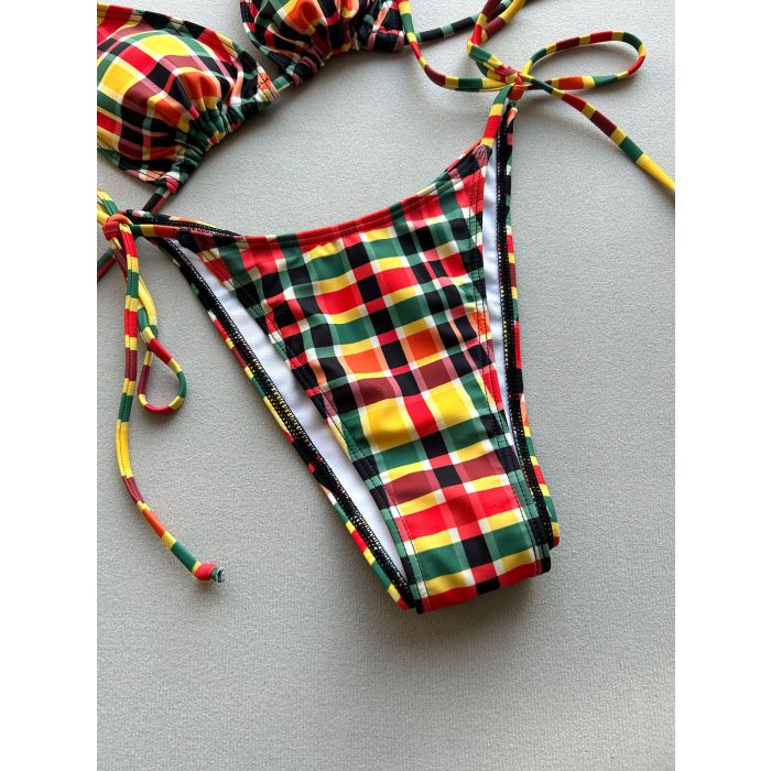 Colorful Gingham Tie Side High-Cut Halter Halter Two-Piece Bikini S…