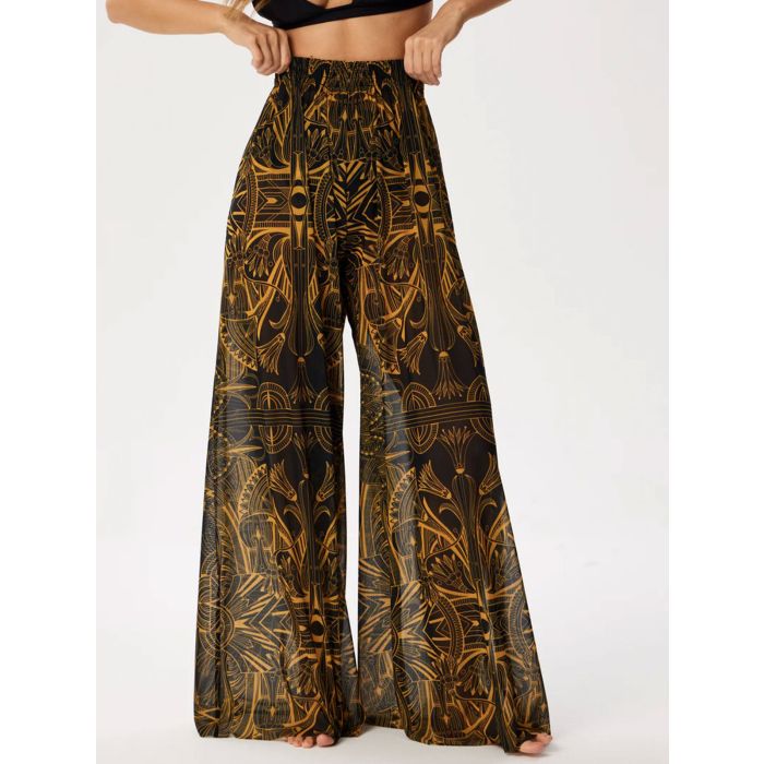 Tropical Printed Ruched High Waist Resort Wide Leg Pants