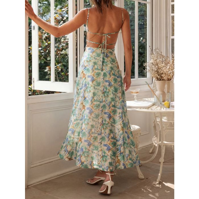Flattering Sweetheart Tie Back High Slit Resort Floral Slip Midi Dr…