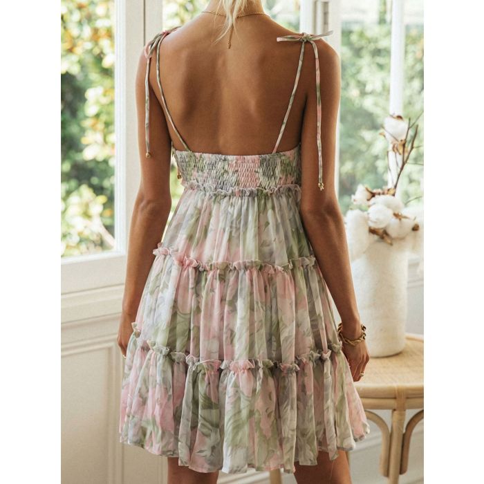 Playful Tie Shoulder Floral Resort Tiered Babydoll Slip Mini Dress