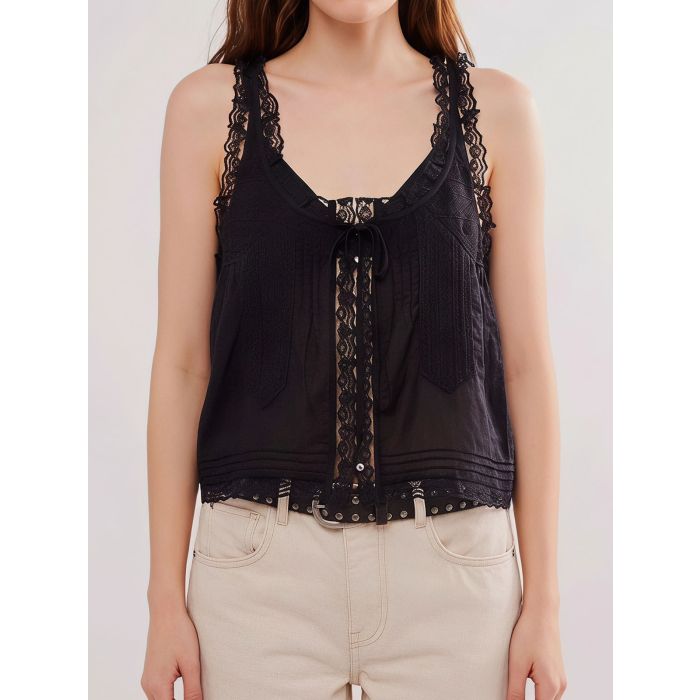 Relaxed Chic Ruffled Tie Front Button Up Resort Lace Crop Tank Top
