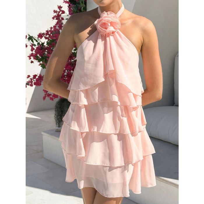 Romantic Flower Halter Neck Backless Resort Tiered Mini Dress