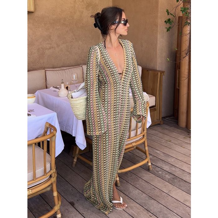 Resort Scalloped V-Neck Bell Sleeve Crochet Knit Maxi Dress
