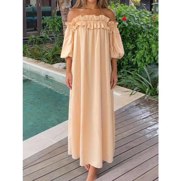 Breezy Ruffle Off Shoulder Oversized Resort Lined Cotton Midi Dress