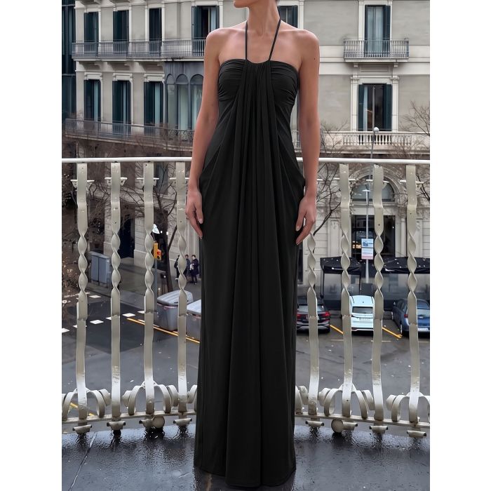 Effortless Chic Halter Tie Column Resort Draped Ruched Maxi Dress
