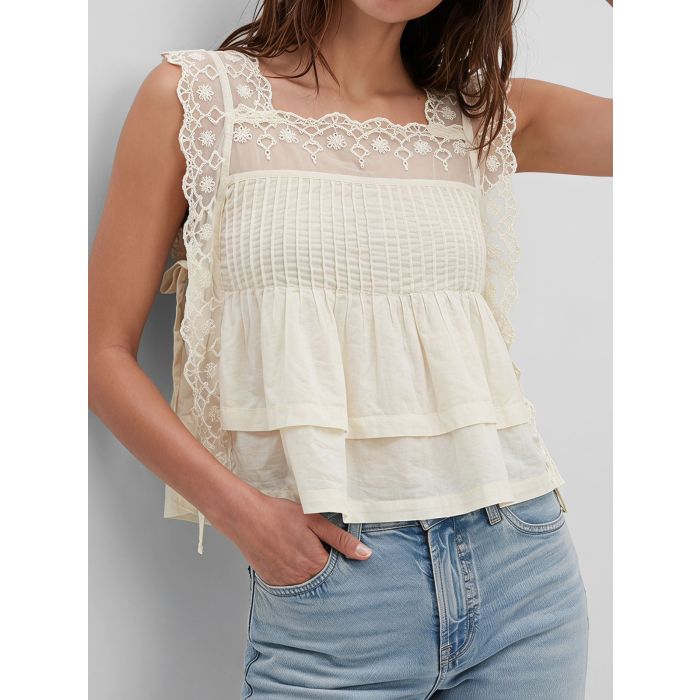 Playful Floral Lace Square Neck Resort Tie Side Crop Pintuck Tank T…