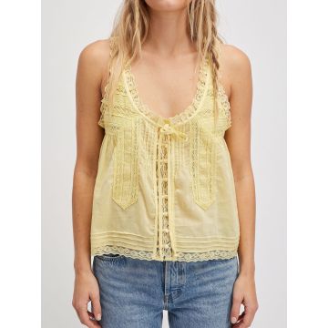 Relaxed Chic Ruffled Tie Front Button Up Resort Lace Crop Tank Top