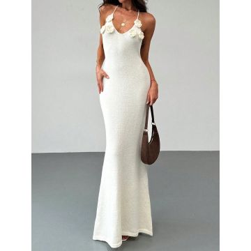 Bloom 3D Flower Deep V Halter Backless Resort Fishtail Knit Maxi Dr…