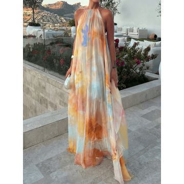 Flattering Backless Halter Tie a Line Resort Chiffon Floral Maxi Dr…