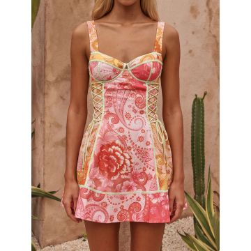 Resort Paisley Sweetheart Lace Up Side a Line Mini Sun Dress