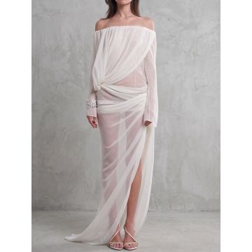 Flattering Off Shoulder Long Sleeve Resort Waist Sash Slit Mesh Max…