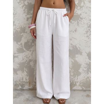 Effortless Drawstring Tie Waist Solid White Resort Wide Leg Pants