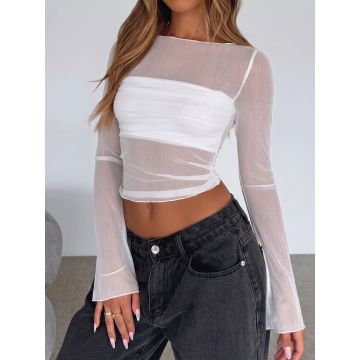 Flattering Boat Neck Bandeau Layer Long Sleeve Resort Crop Mesh Top