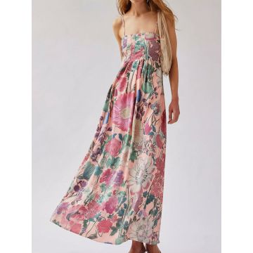 Tropical Floral Square Neck a Line Resort Pintuck Maxi Dress