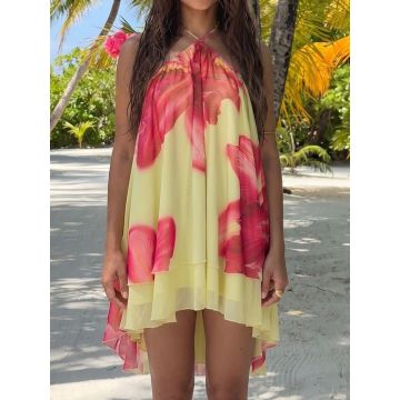 Relaxed Watercolor Floral Halter Resort a Line Layered Chiffon Mini…
