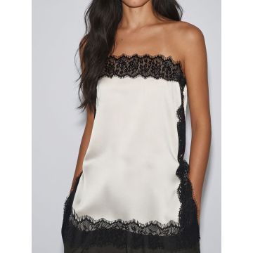 Feminine Floral Lace Strapless Side Slit Resort Longline Satin Top