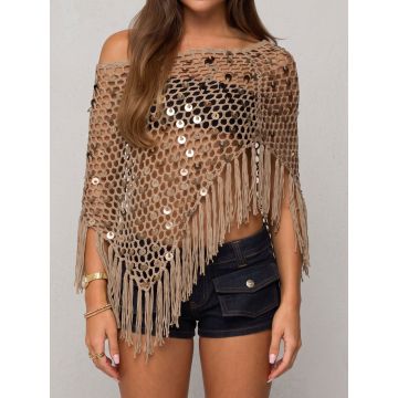Sparkly Sequin Boat Neck Macrame Fringe Resort Crochet Knit Poncho…