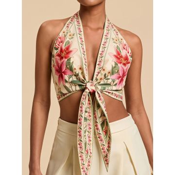 Relaxed Floral Tie Front Plunge Halter Resort Open Back Crop Top