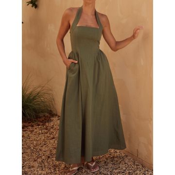 French Halter Fit Flare Sleeveless Resort Drop Waist Maxi Dress