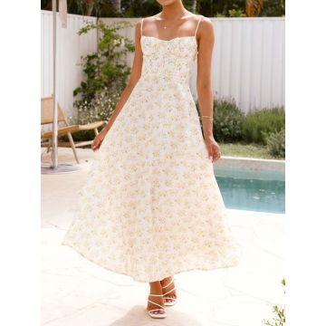 Flattering Ruched Sweetheart Tie Back Resort Floral Slip Midi Dress