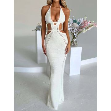 Flattering Plunge Halter Tie Backless Cutout Beach Crochet Knit Max…