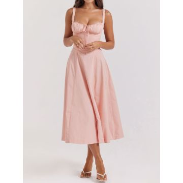 Breezy Tie Front Sweetheart Fit Flare Lace Up Resort Slit Midi Sund…