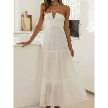 Flowy Halter Deep V Ruched Empire Waist Resort Tiered Maxi Dress