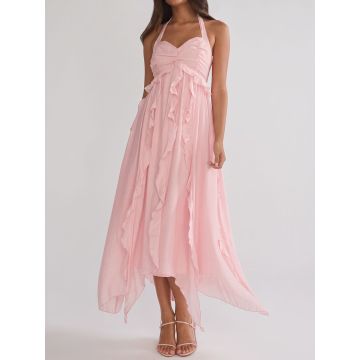 Flowy Sweetheart Halter Tie Empire Waist Resort Ruffle Midi Dress