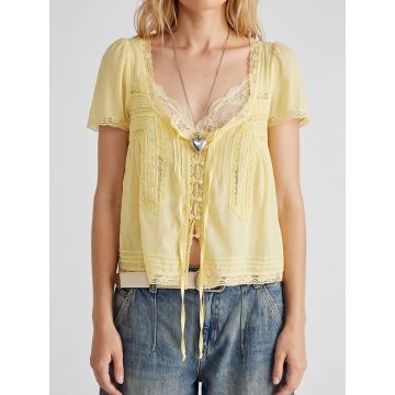 Playful Ruffled Tie Front Button Up Short Sleeve Resort Lace Crop T…