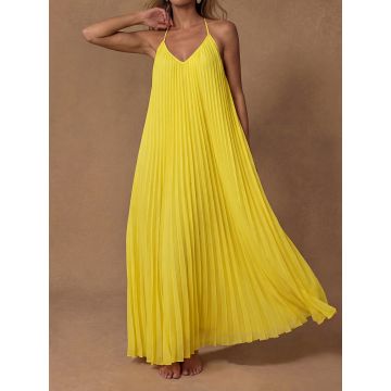 Flowy V-Neck Spaghetti Strap a Line Resort Pleated Slip Maxi Dress