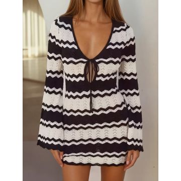 Wavy Open Knit Tie Neck Long Sleeve Beach Crochet Cover-Up Mini Dre…