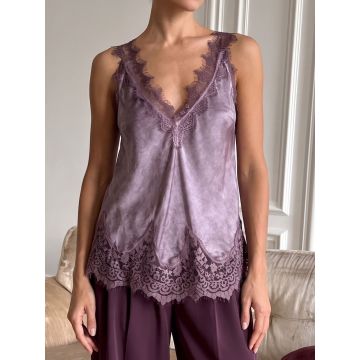 Vintage Eyelash Lace Deep V-Neck Resort Silky Satin Tank Top